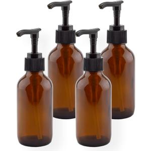 Cornucopia Brands 4oz Amber Glass Pump Bottles (Pack of 4) Great for Lotions, Liquid Soap, Aromatherapy and More