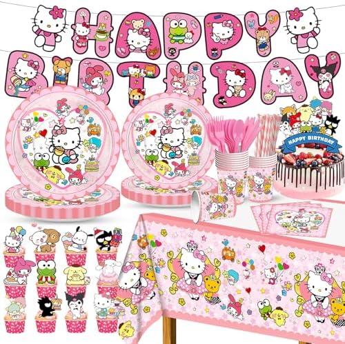 Party Decoration Hello Pink Cat 1pc Tablecover 20 pcs Plates 20 pcs Napkins 1pc Birthday Banner 10 Spoons 10 Knives 10 Fork 10 Straws 25pcs Cake Topper for Theme Party Decoration Favor Sets
