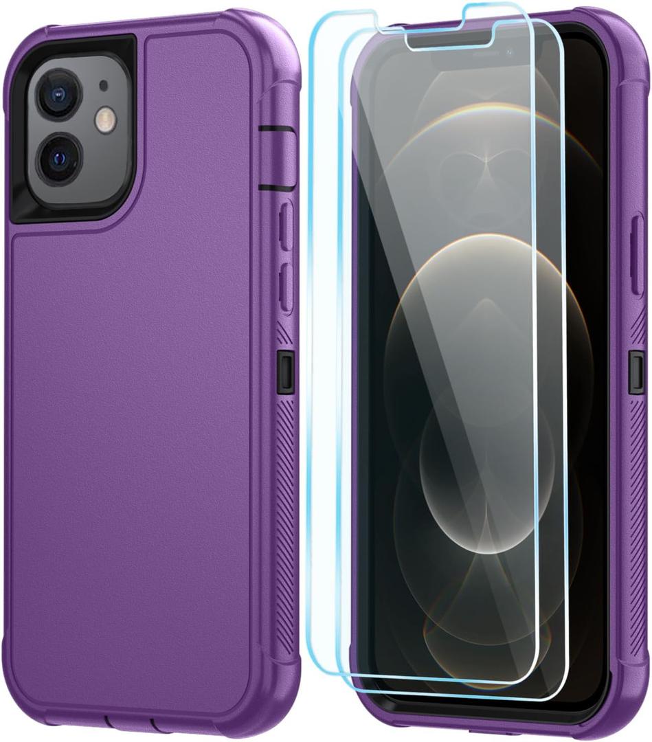 SunStory Compatible with iPhone 12/12 Pro Case with HD Screen Protector, 3-Layer Heavy Duty Full-Body Cover,3 in 1 Hybrid Protective Case for iPhone 12/12 Pro 6.1",Purple