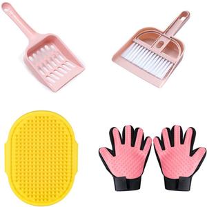 4 Packs: Cat Litter Scoop, Pet Bath Brush, Cat Bath Gloves, Pet Cleaning Tools Mini Broom Set. Dog Cat Supplies (Pink Yellow)