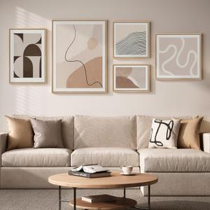 Large Framed Neutral Beige Abstract Wall Art for Living Room, 5 Piece Set, 16x24 in/24x32 in/16x16 in/12x16 in/20x20 in