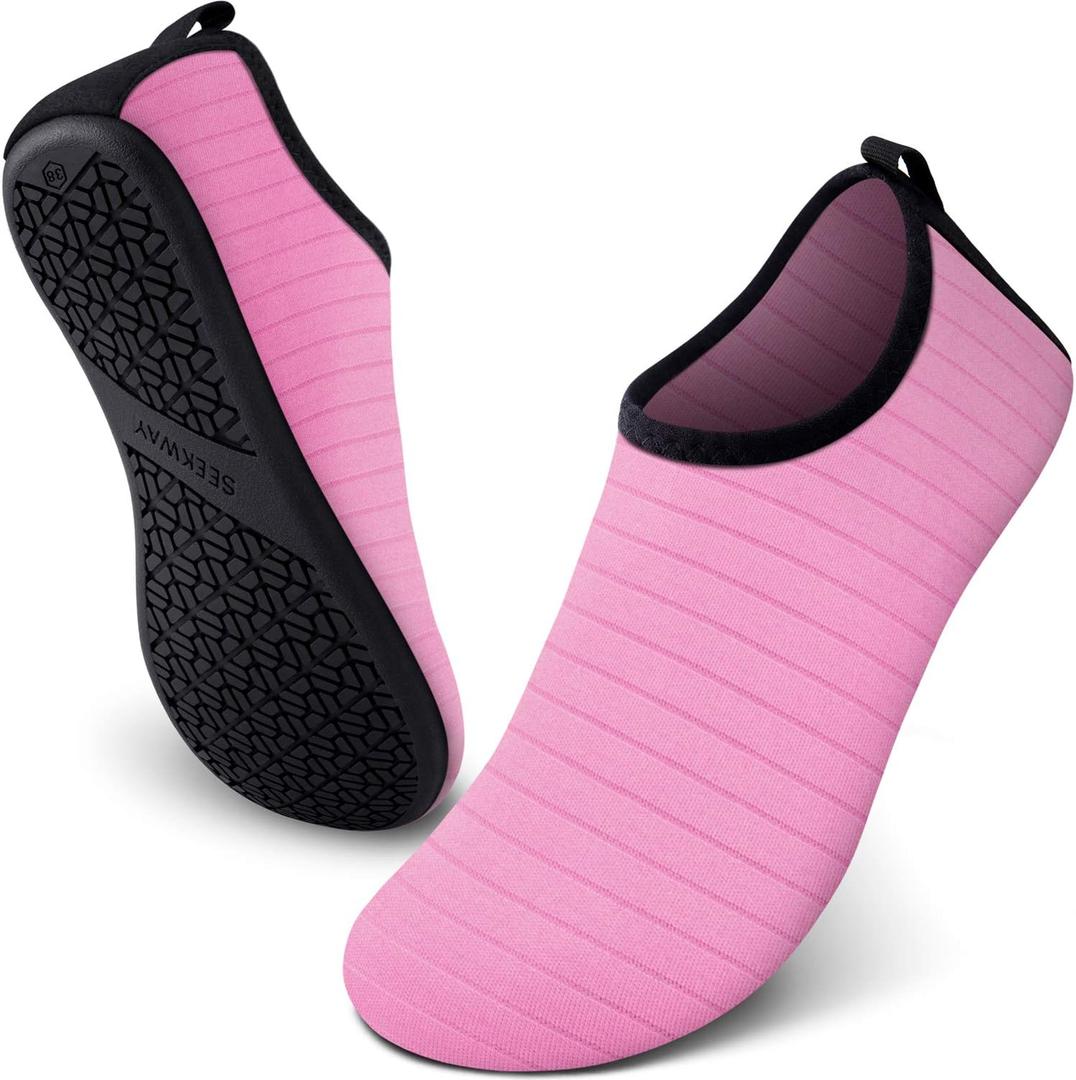 SEEKWAY Water Shoes Women Men Adult Quick-Dry Aqua Socks Barefoot Non Slip for Beach Swim River Pool Lake surf Black SK002(U) (6.5-7.5 Women/5.5-6.5 Men, 1e-stripe Pink-2)