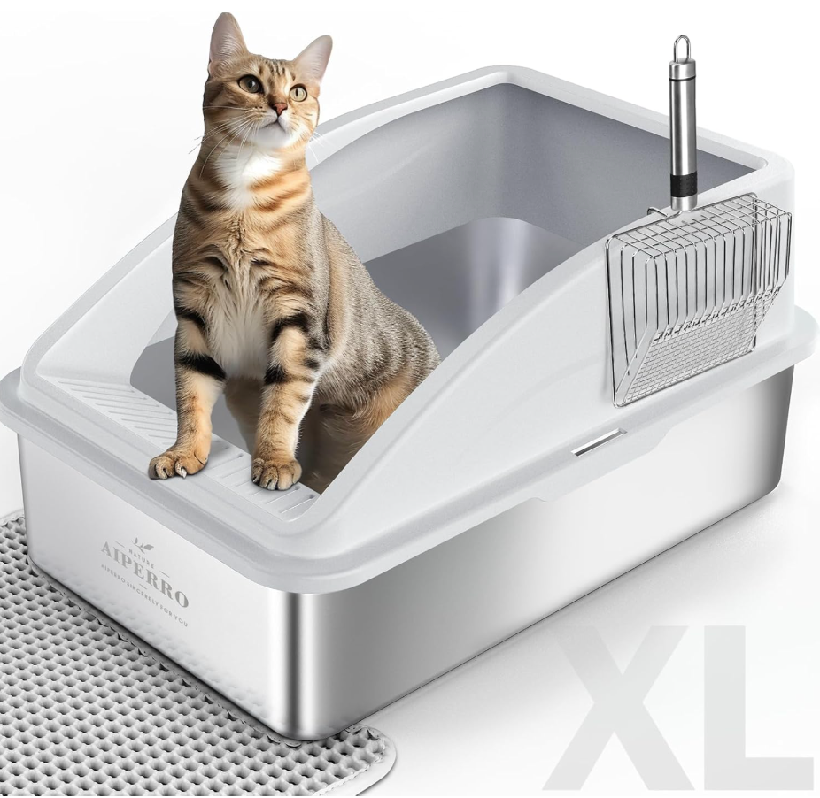 AIPERRO Stainless Steel Litter Box | XL Enclosed Cat Litter Boxes with Lid for Big Cats | High Sided, Anti-Urine Leakage | Non-Stick Bottom & Includes Litter Mat & Metal Scoop | High Sided Meat Litter Box for Big Cats | Anti-Urine Leakage | Non-Stick & Easy to Clean | Includes Litter Mat & Metal Scoop
