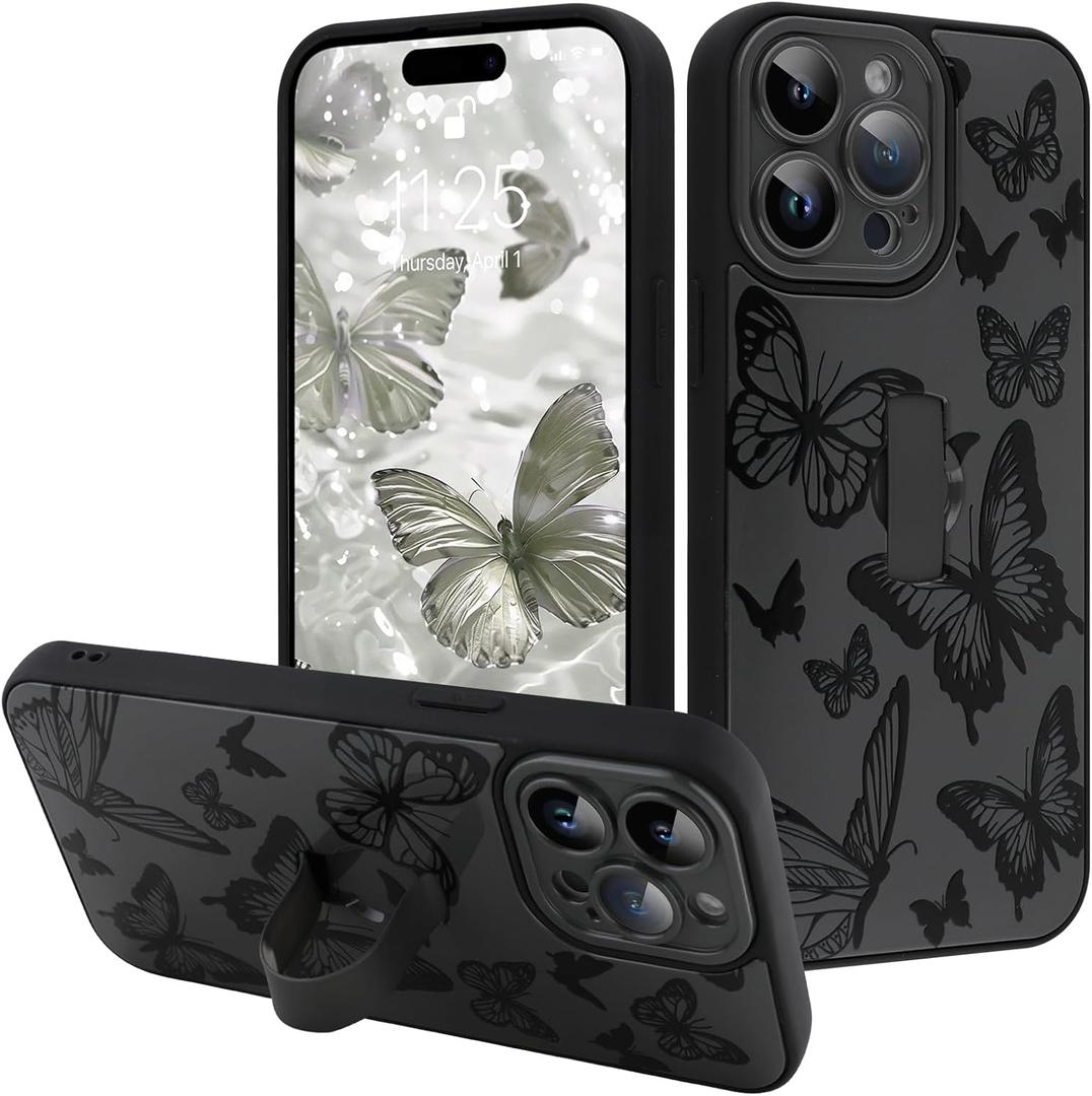 for iPhone 15 Pro Case with Finger Strap Holder, Cute Cool Butterfly Print Pattern Design for Women Men, Shockproof Anti Scratch Hand Kickstand Protective Cover, Gray