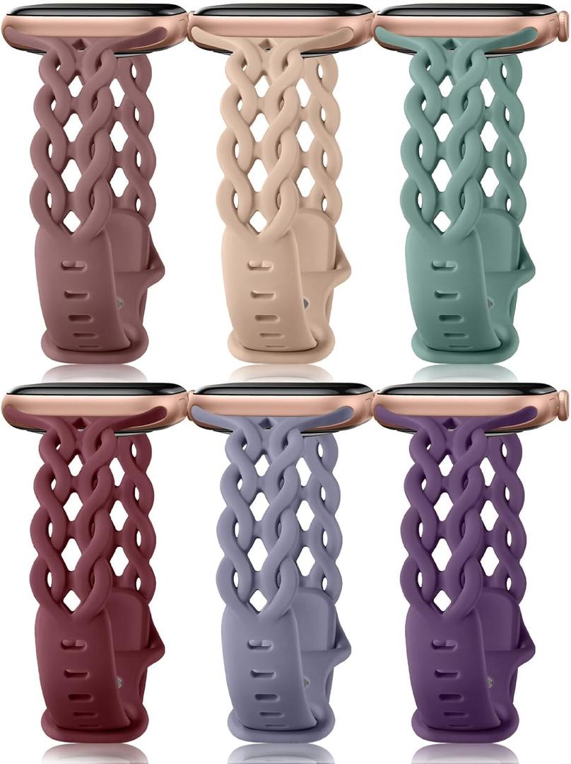 Braided Bands Compatible with Apple Watch Bands Silicone for Women 40mm 38mm 44mm 41mm 42mm 45mm 46mm 49mm, Slim Thin Narrow Hollow-out Strap for iWatch Bands for Women 11/10/SE/9/8/7/6/5/4/3/2/1 (SmokePurple/MilkTea/PineGreen/WineRed/BlueGrey/DarkPurple)