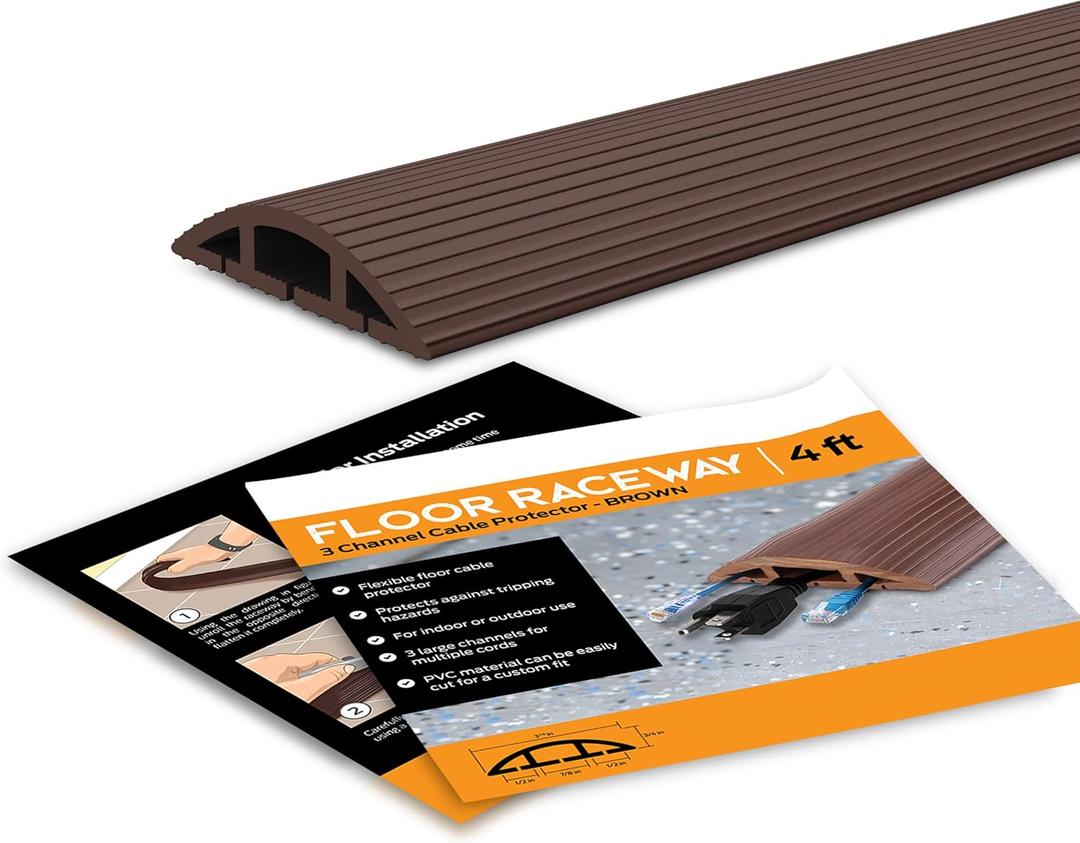 4-Foot Cord Cover - Floor Cable Management Kit for Indoor or Outdoor Use - 3-Channel Cable Raceway for Sidewalks or Walkways by Simple Cord (Brown) (4-Ft.)