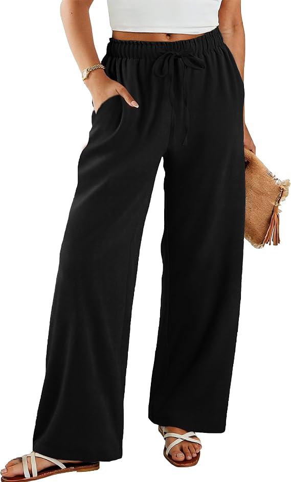 TCHH-DayUp Women's High Waist Palazzo Pants with Pockets Summer Drawstring Wide Leg Flowy Casual Pants Loose Fit Trousers, M
