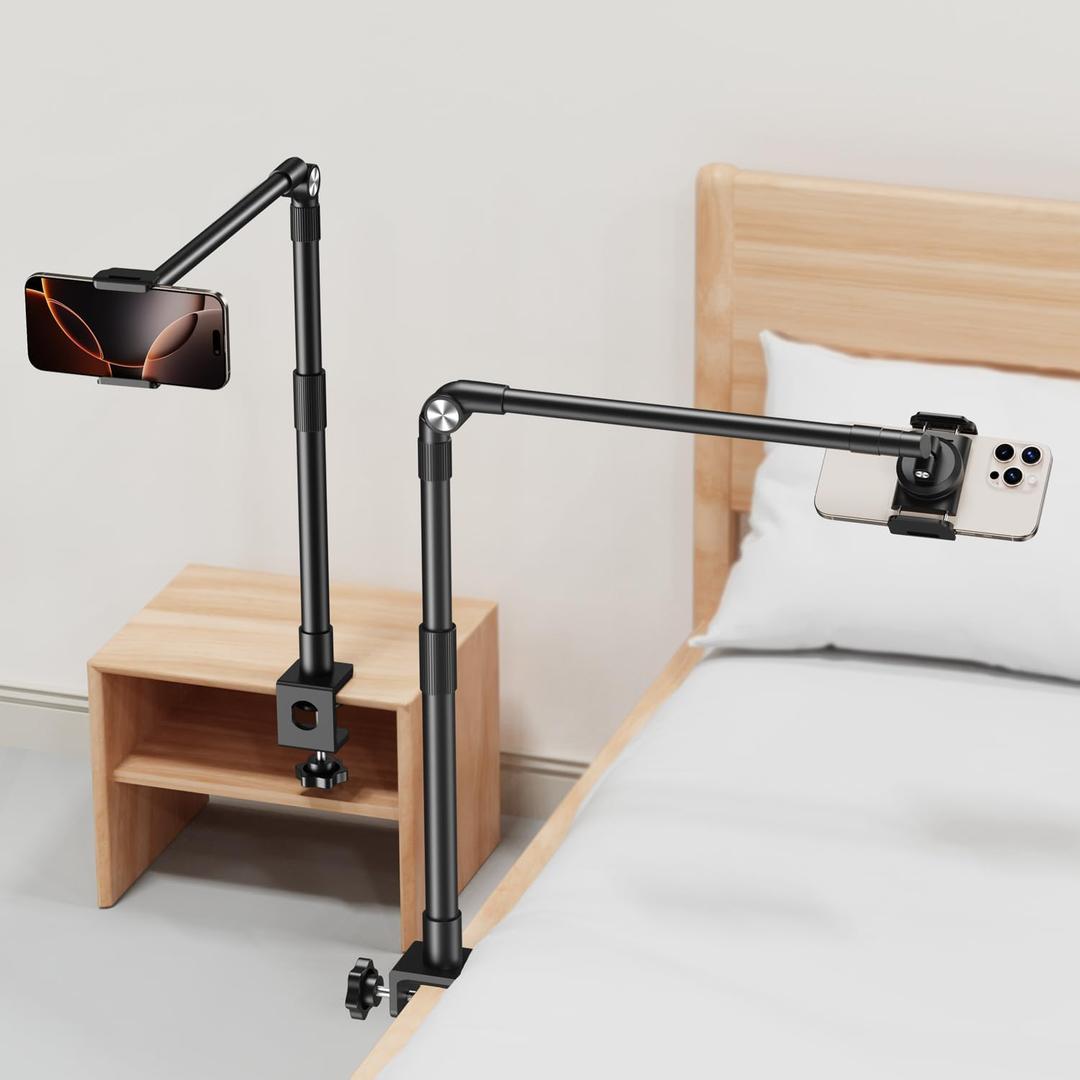 elitehood Aluminum Arm Phone Holder for Bed [360° Swivel Tilt Rotation], Adjustable Bedside Phone Holder Laying Down, iPhone Stand for Bed Desk Overhead, iPhone Clamp Mount Fit All 4-7’’ Cellphone