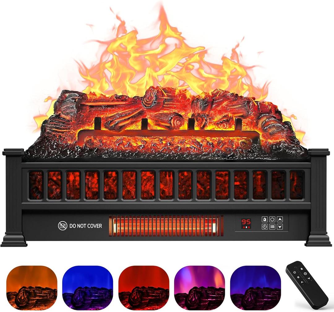 Riseon Electric Fireplace Logs Inserts Heater 23-Inch, Remote Controller Fireplace Heater, Adjustable Flame Colors, Realistic Fake firewood Flame, Overheat Protection, Timer, Thermostat, 1500W Black