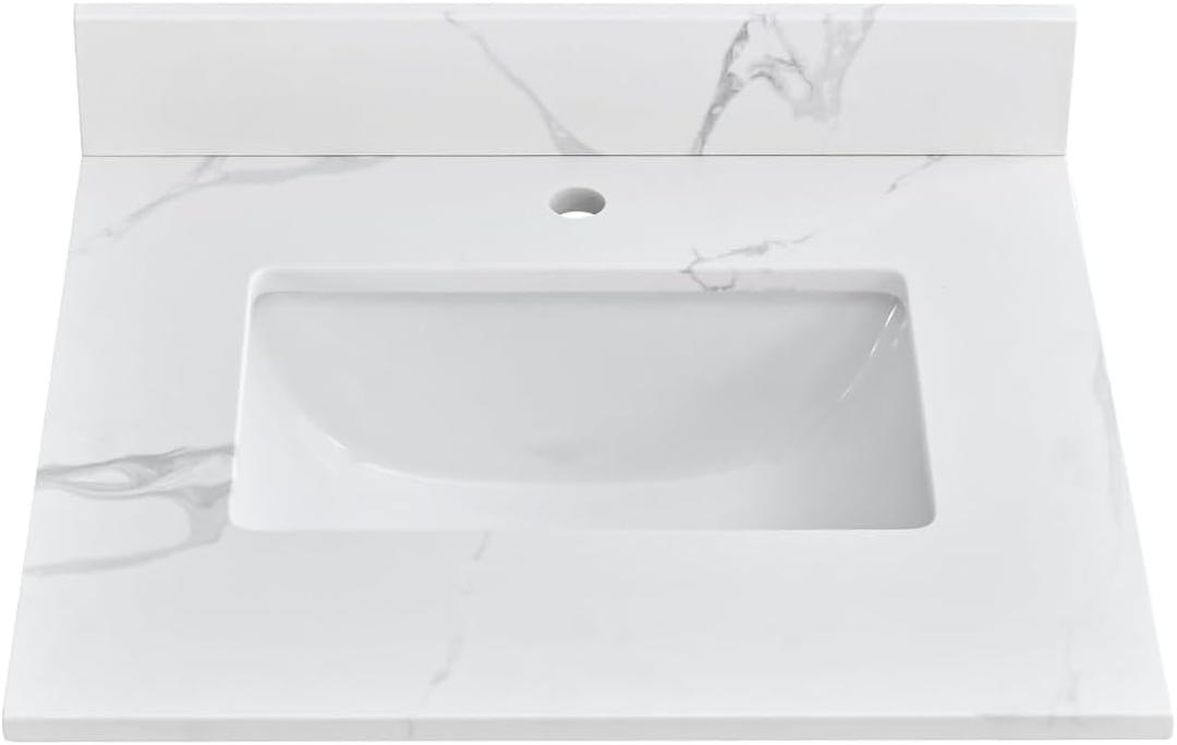24 in. W x 22 in D Quartz Vanity Top in Calacatta Rocky, Vanity Sink Top with Assembled Single Drop-in Sink, Pre-Drilled Single Faucet Hole Countertop with 4" H Backsplash