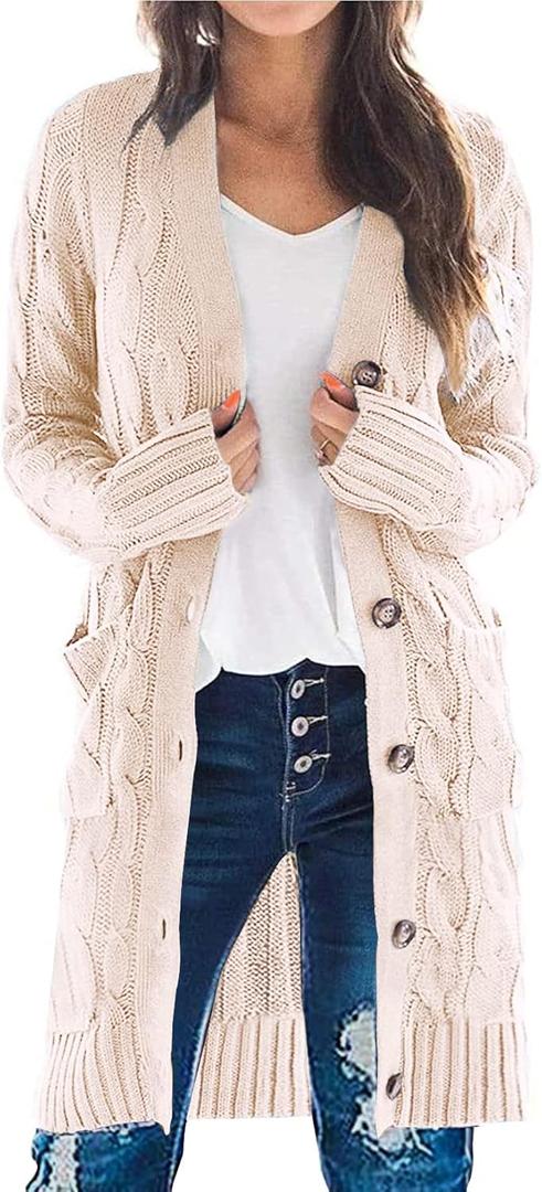 PRETTYGARDEN Long Sleeve Cable Knit Long Cardigan for Women 2026 Spring Winter Chunky Open Front Button Sweaters with Pockets (X-Large, Off-white)