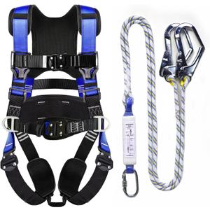 Fall Protection Premium Safety Harness with Shock Absorbing Lanyard, Vented & Padded Shoulder, Legs & Back - Upgrade 4 Quick Buckles (Blue)