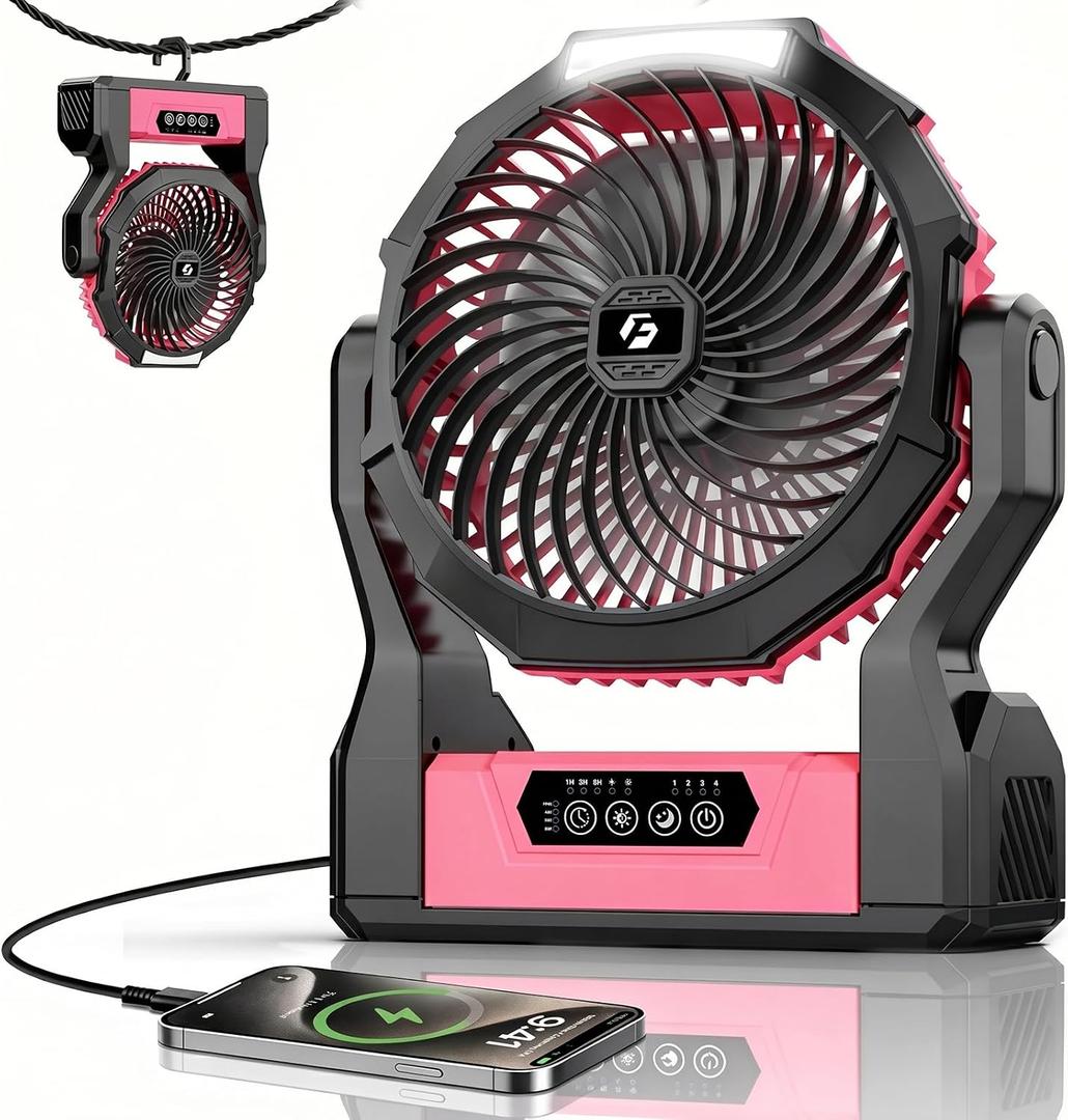 XZK 24000mAh Rechargeable Camping Fan, 64H Runtime Battery Powered Portable Travel Fan with LED Light, Tent Fans for Indoor,Outdoor,Fishing,Jobsite & Hurricane Emergency,Gifts for Men Dad Him,Pink