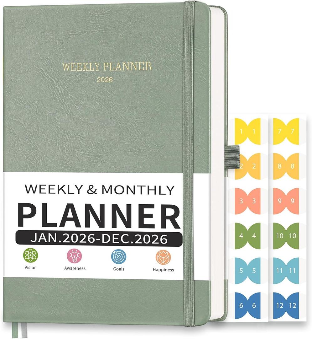 2026 Planner, Appointment Book, Hourly, Daily, Weekly and Monthly, Jan 2026 - Dec 2026, Medium Size (5.7" x 8.3"), 2026 Calendar, Leather Hardcover, 12 Self-Adhesive Monthly Tabs (Light Green)
