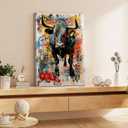 Bull Street Graffiti Canvas Wall Art Picture Animal Poster Print Modern Men Graffiti Painting Interesting Wall Decor Home Decoration for Living Room Bedroom Office 16x24in Framed