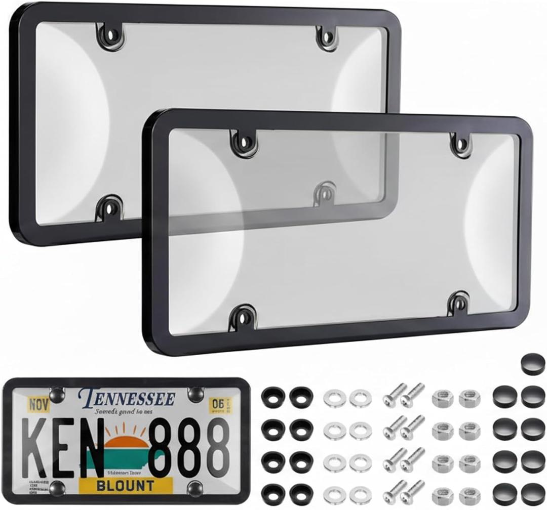 License Plate Protector 2PCS, Clear License Plate Cover & Frames, Rust-Proof Auto Car License Plate Covers and Frames Holder with Screws & Caps, Universal Tag Cover for License Plate (Black)