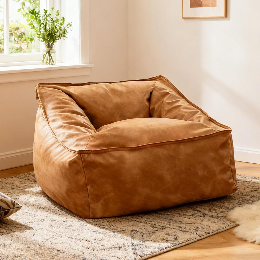 Faux Leather Bean Bag Chair Cover (No Filler) Brown Bean Bag Lounger for Adults Beanbag Cover Without Filling Pouf Chair Lazy Floor Sofa for Living Room Bedroom Indoor (1-Seater)