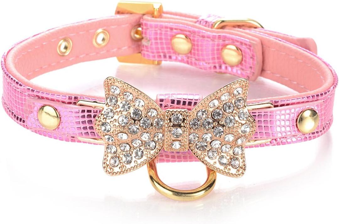 LOVPE Gold Bling Diamond Giltter Leather Fashion Collar with Ring for Tags for Small Dogs,Cat,Puppy and Kitty Walking Travel Party Gifts Tedd, Poodle Dog,Bulldog and Yorkshire Terrier (XS, Pink)