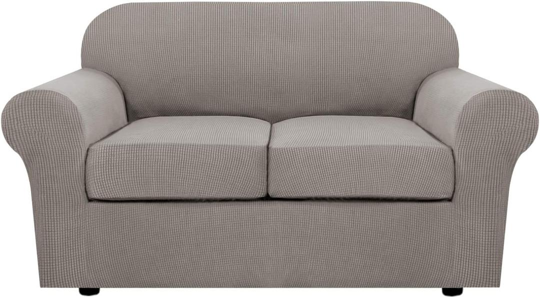 H.VERSAILTEX 3 Piece Stretch Sofa Covers for 2 Cushion Loveseat Couch - Thicker Jacquard Fabric (Medium Sofa, Taupe)
