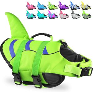 Fragralley Shark Fin Dog Life Jacket, High Buoyancy with Tear-Resistant Nylon of Dog Swim Vest, Pet Life Preserver for Small Medium Large Dogs, Puppy Float Vest for Swimming and Boating (Green-Wave Shark)