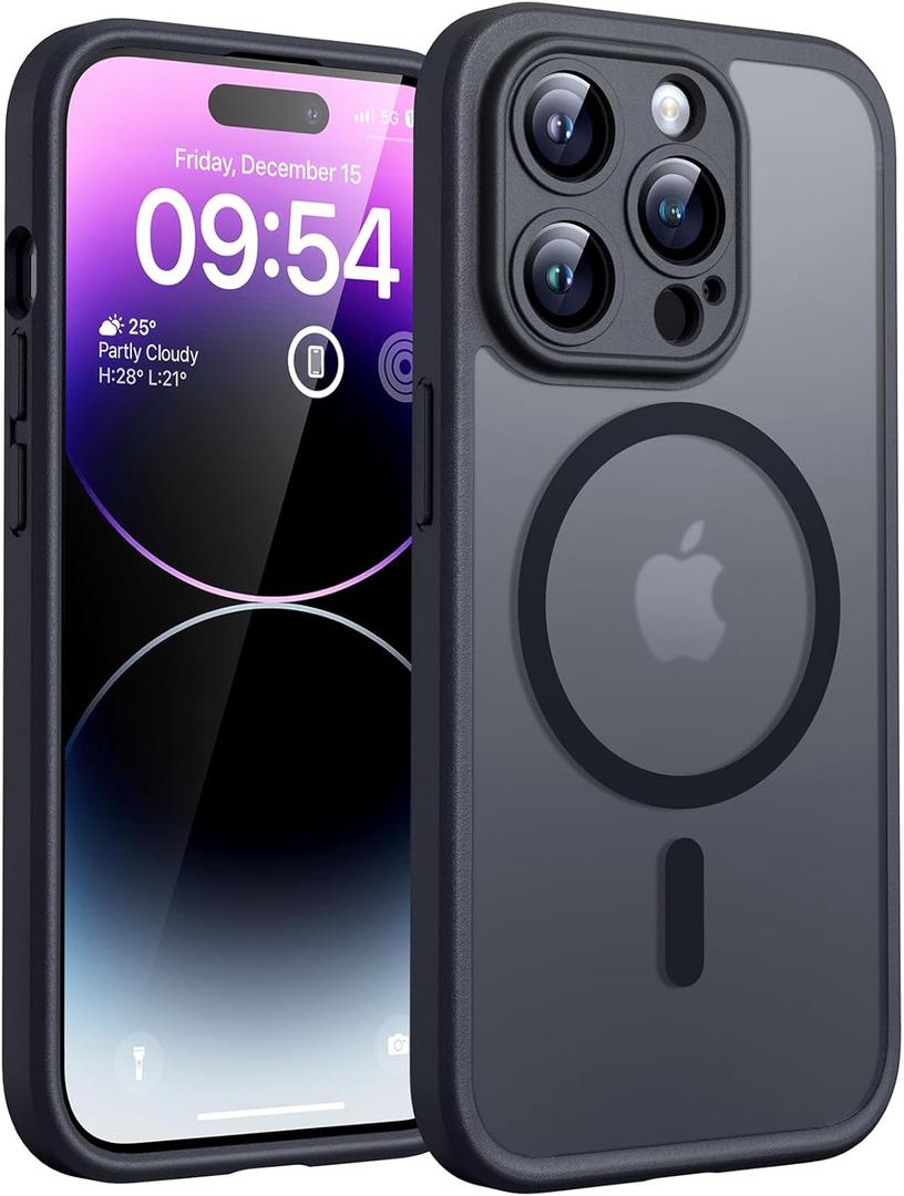 TOCOL Magnetic for iPhone 14 Pro Case, Compatible with Magsafe, Upgraded Full Camera Protection, Drop Protection, Translucent Matte Back Bumper Phone Cover 6.1-Inch (Black)