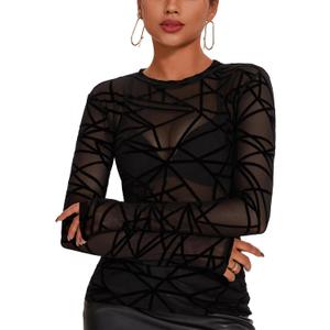 AKEWEI Womens Mesh Long Sleeve Tops Crew Neck Sexy See Through Tee Shirts Party Club Night Lace Blouse (Medium, Black Line)