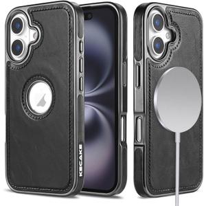 KECAKE for iPhone 16 6.1 Inch Case Luxury Leather Logo Visible Vintage Ultra Slim Protective Cover (Black with Black Trim)