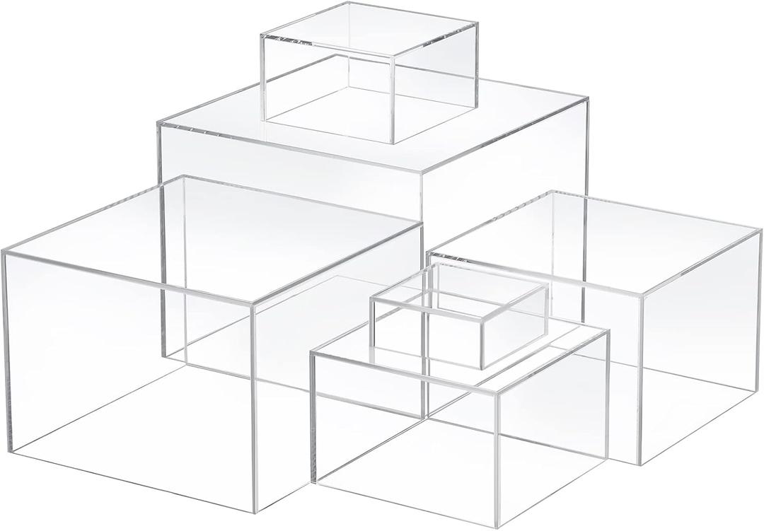 Geelin 6 Pack Acrylic Risers for Display Acrylic Cube Boxes Risers Display Stands with Hollow Bottoms Decorative Stand for Jewelry Candy Table Decor 6 Sizes, (Clear)