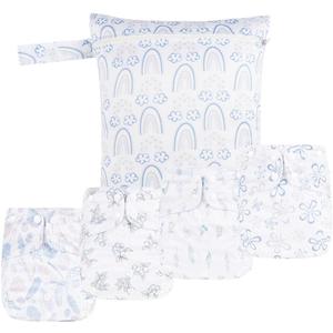 HappyFlute 9 Sets Newborn Baby Cloth Pocket Diapers Adjustable Reusable for Baby Boys and Girls(6-33 pounds,0-3 Years),One Wet Bag+4Diapers and 4Inserts (AD07)