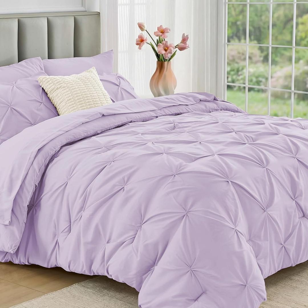 JOLLYVOGUE Full Size Comforter Sets 7 Pieces - Bed in a Bag Full for All Season, Pintuck Bedding Comforter Sets with Comforter, Flat Sheet, Fitted Sheet and Pillowcases & Shams, Light Purple