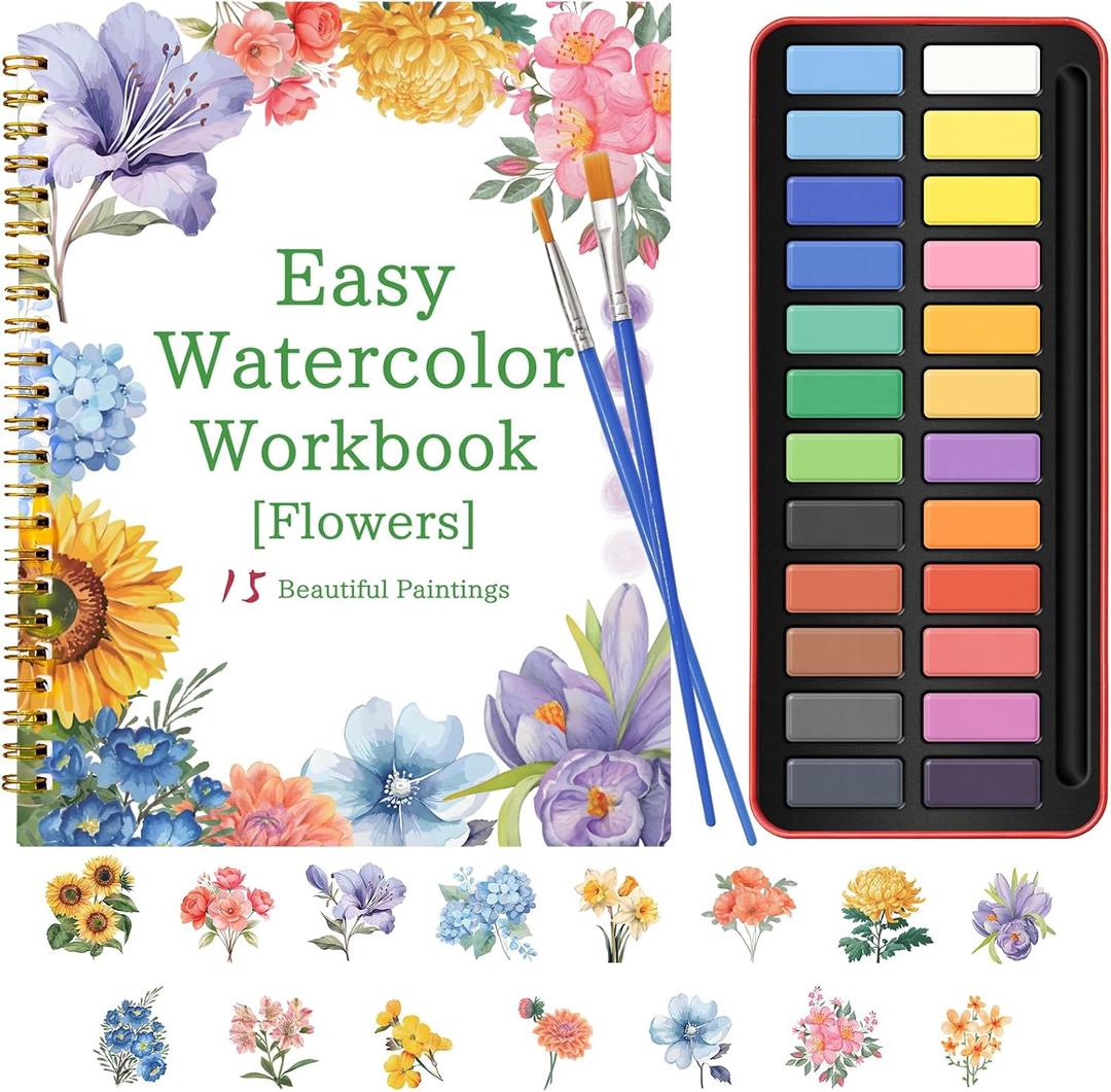 Watercolor Workbook for Adults and Beginners, 15 Original Floral Design Water Coloring Book with 24-Color Vibrant Watercolor Paint Set, 2 Paintbrushes for Stress Relief (Bouquets), 1 Count