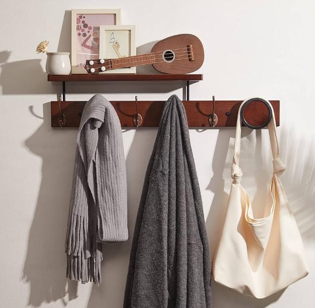 UWAET Coat Rack Wall Mounted with Shelf 27.5 Inch Length Wall Hanging Shelf Bamboo Coat Hooks with 6 Hooks for Entrance, Living Room,Bedroom, Bathroom (6 Hooks)