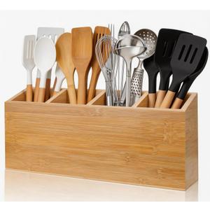 Wingsife Utensils Holder with 4 Compartments, Bamboo Utensil Organizer for Kitchen Countertop, Silverware Caddy Cutlery Holder for Flatware Fork Spoon Spatula, Cooking Utensil (Classic)
