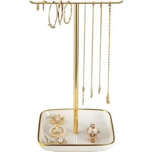 Jewelry Holder Stand with Ceramic Base: 12" Tall Necklace Organizer Rack, Tree Design Display Storage for Necklaces, Bracelets, Rings, Earrings, Aesthetic Room Decor for Girls and Women, Gold (6.7" Base, White)