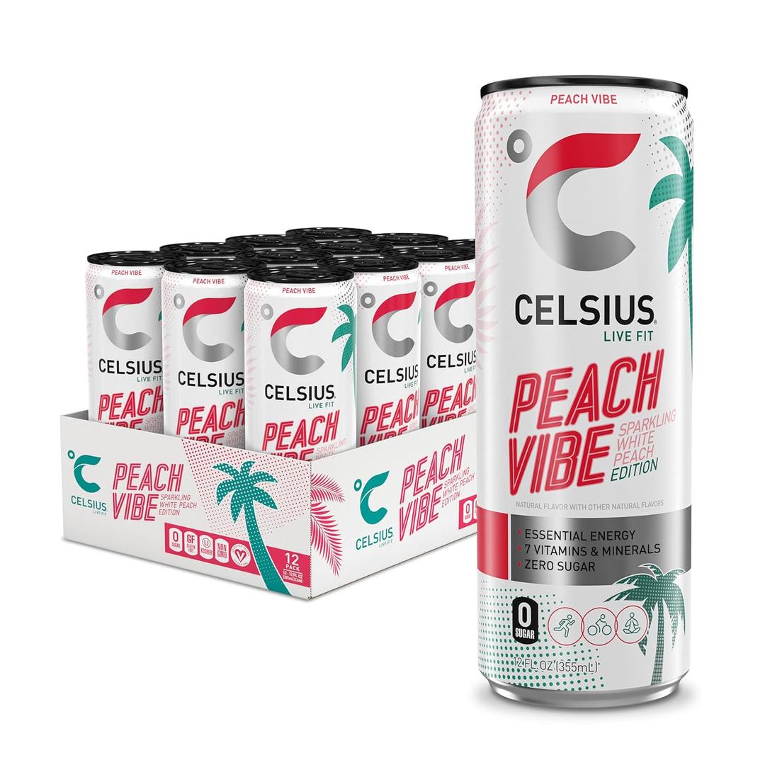 CELSIUS PEACH VIBE Sparkling White Peach, Sugar Free Energy Drink, 12 Fl Oz (Pack of 12) (EXP 04/01/27)