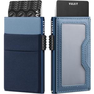 VULKIT Minimalist Wallet with ID Window & EDC Pocket Pop Up Card Holder RFID Blocking Slim Wallet Design for Airtag Cash Coins & Credit Cards (One Size, Navy)