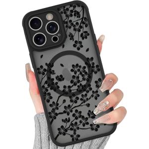 BITOBE Floral Case for iPhone 14 Pro Max [Compatible with MagSafe] Cute Flower Pattern Case for Women Girls Soft TPU Bumper Translucent Magnetic Slim Protective Cover - Black Flowers