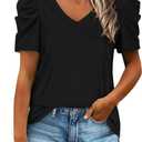 Womens Summer Shirt V Neck Casual Loose Fit Tshirts Puff Short Sleeve Tops (Black, S)