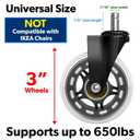 Office Chair Wheels Replacement - 3'' Clear Rubber Caster Wheels for Replacement Office Chair - Smooth Rolling on Carpet and Hardwood Floors - Universal Fit - Set of 5
