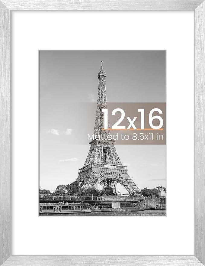 12x16 Picture Frame, Display Pictures 8.5x11 with Mat or 12 x 16 Without, Wall Hanging Poster Frames, Silver, 1 Pack