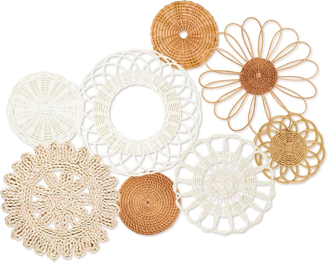 Boho Wall Basket Decor Set of 8,Rattan Flower Wall Decor,Flat Woven Baskets Wall Hanging Decor,Unique Boho Wicker Seagrass Wall Decor(Rattan Classic)