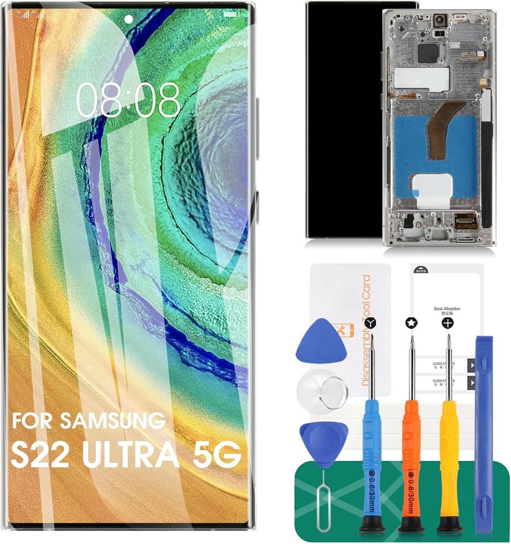 OLED for Samsung S22 Ultra 5G Screen Replacement for Samsung Galaxy S22 Ultra 5G LCD Display SM-S908 SM-S908B Digitizer Touch Screen Assembly with Frame US Version Silver (with Fingerprint)