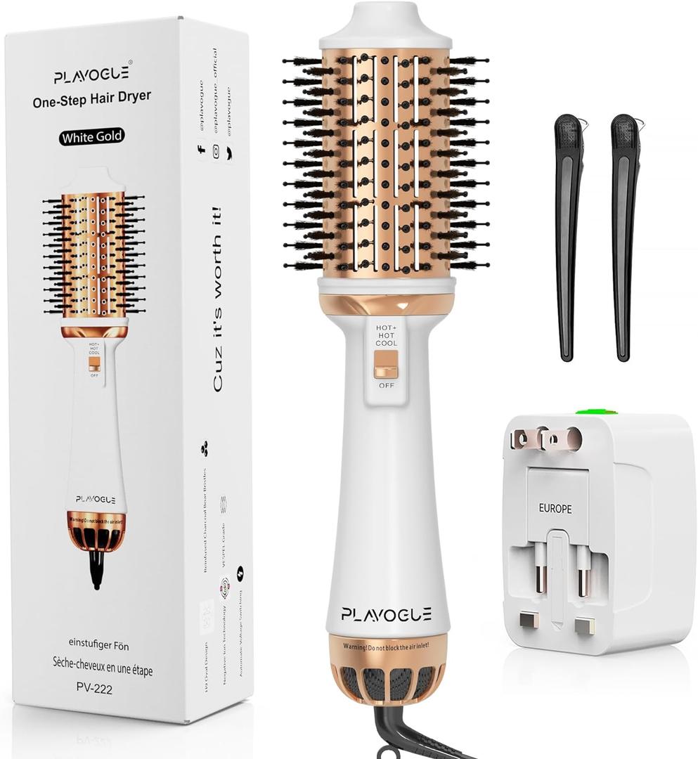 Plavogue Dual Voltage Blow Dryer Brush for European Travel,110V-240V Hot Air Brush with Volumizer, Negative Ionic Anti-Frizz - Styling Brush with Ceramic Coating for Long/Mid Hair Types, Oval Shape (White Gold)