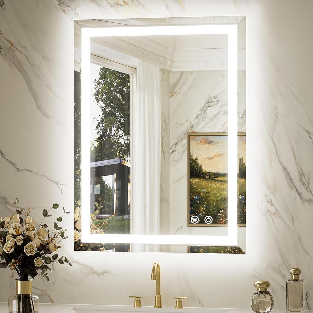 Keonjinn Beveled Lighted Bathroom Mirror 22 x 30 Inch, Frontlit & Backlit LED Bathroom Mirror with Lights 3 Color Lights, Anti-Fog Vanity Mirror with Tempered Glass, UL-Listed LED Driver, CRI90+