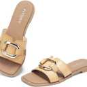 FITORY Women's Flat Sandals Fashion Square Open Toe Slides With Metal Chain Slippers for Summer Size 10
