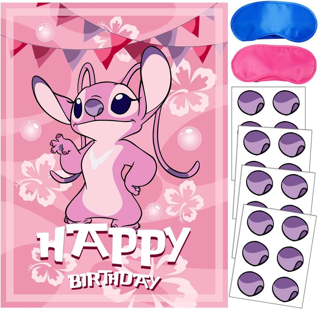 Stitch Party Supplies, Pin The Nose on Angel, Stitch Party Games for Boys Girls, Large Poster 24PCS Stickers for Stitch Birthday Decorations