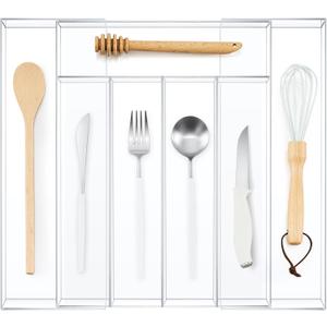 Teenyyou Expandable Kitchen Drawer Organizer Clear Acrylic Utensil Organizer Adjustable Acrylic Silverware Storage for Kitchen Drawers Silverware Flatware Knives(5-7 Compartments, 12 x 16 Inches)