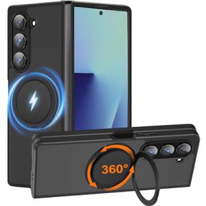 HikerClub for Galaxy Z Fold 7 (2025) Magnetic Stand Case, 360 Rotatable Ring Holder, Slim Fit Anti-Scratch Translucent Frosted Black Shockproof Cover