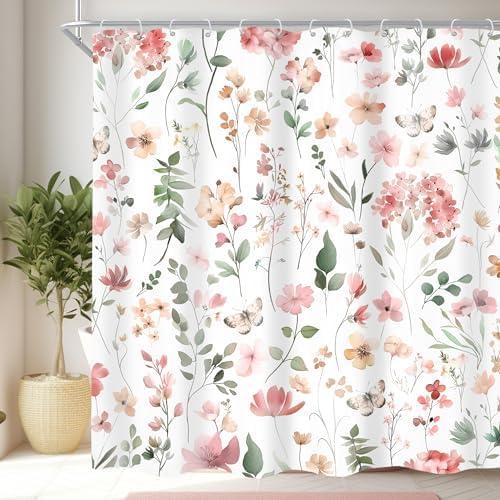 Cinbloo Pink Blush Coral Flower Floral Shower Curtain,Women Girls Wildflower Leaves Leaf Fabric Bathroom Curtains,Botanical Natural Spring Summer Butterfly Cloth Shower Curtain Set with Hooks, 72Wx72H
