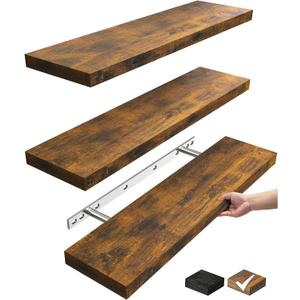BAYKA Floating Shelves, Wall Mounted Rustic Wood Shelves for Bathroom, Bedroom, Living Room, Shelf for Books/Storage/Decor(Rustic Brown, Set of 322.5 inches)